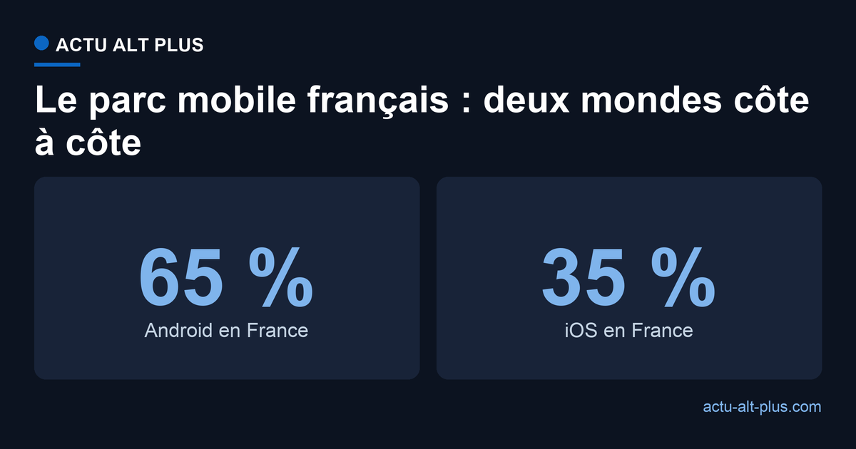 En France, le mobile se partage entre 65 % d'Android et 35 % d'iOS, soit près de deux Android pour un iPhone