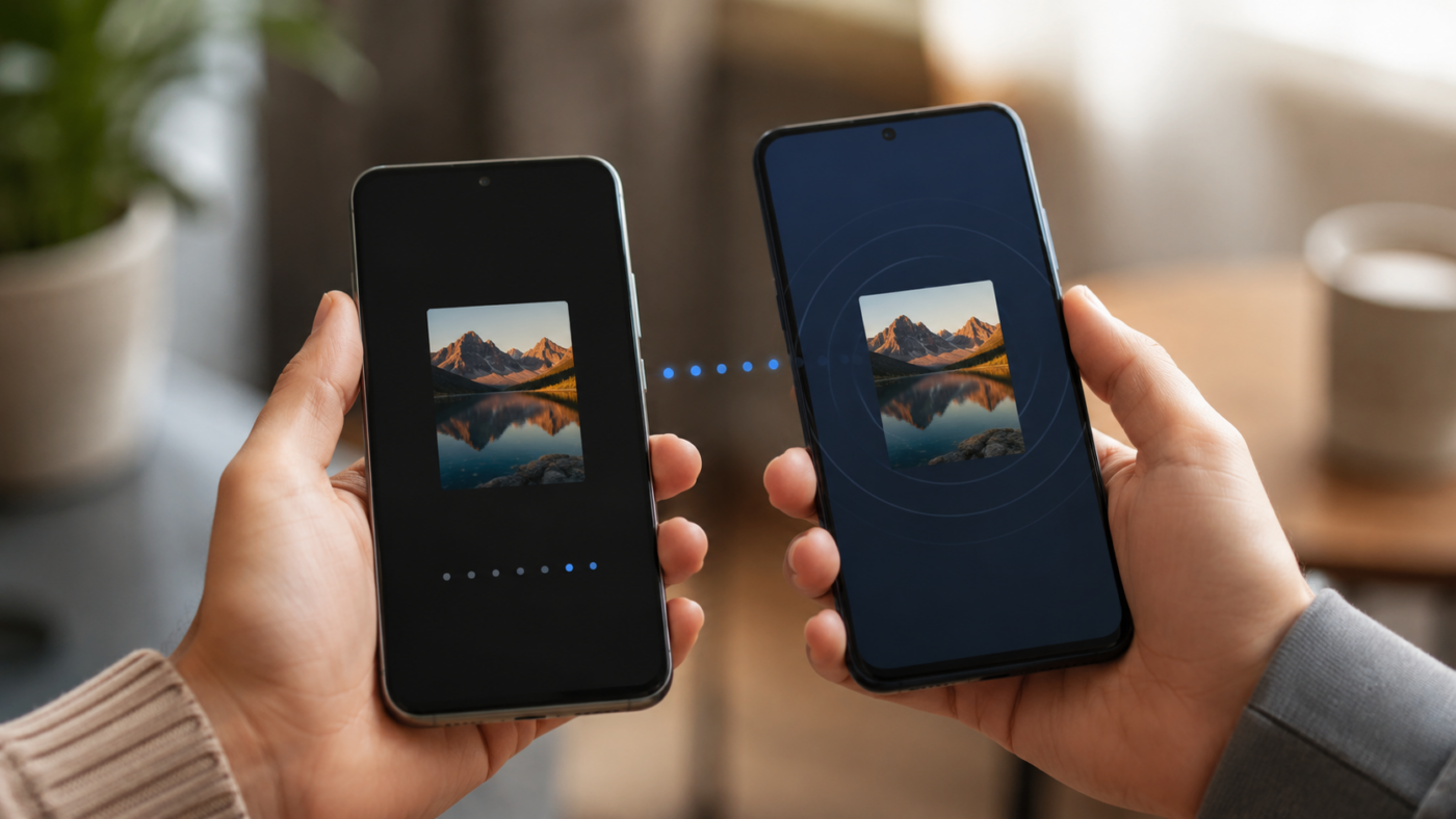 Deux smartphones côte à côte échangeant une photo via un écran de partage générique