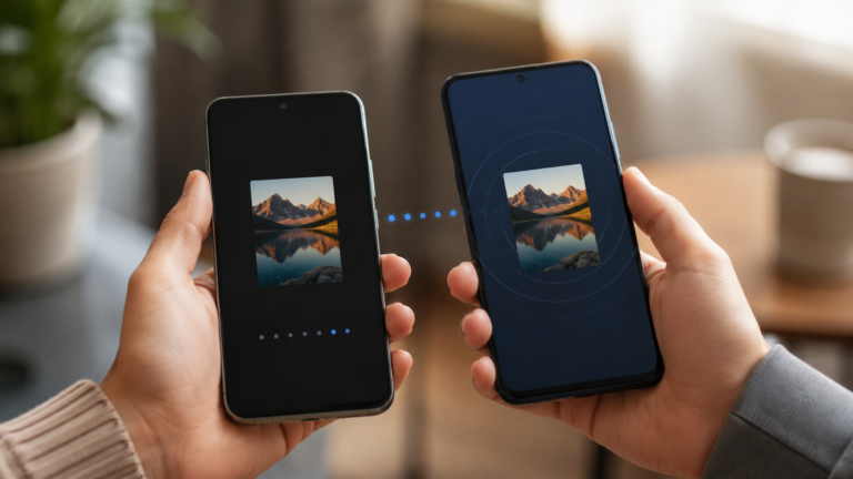 Deux smartphones côte à côte échangeant une photo via un écran de partage générique
