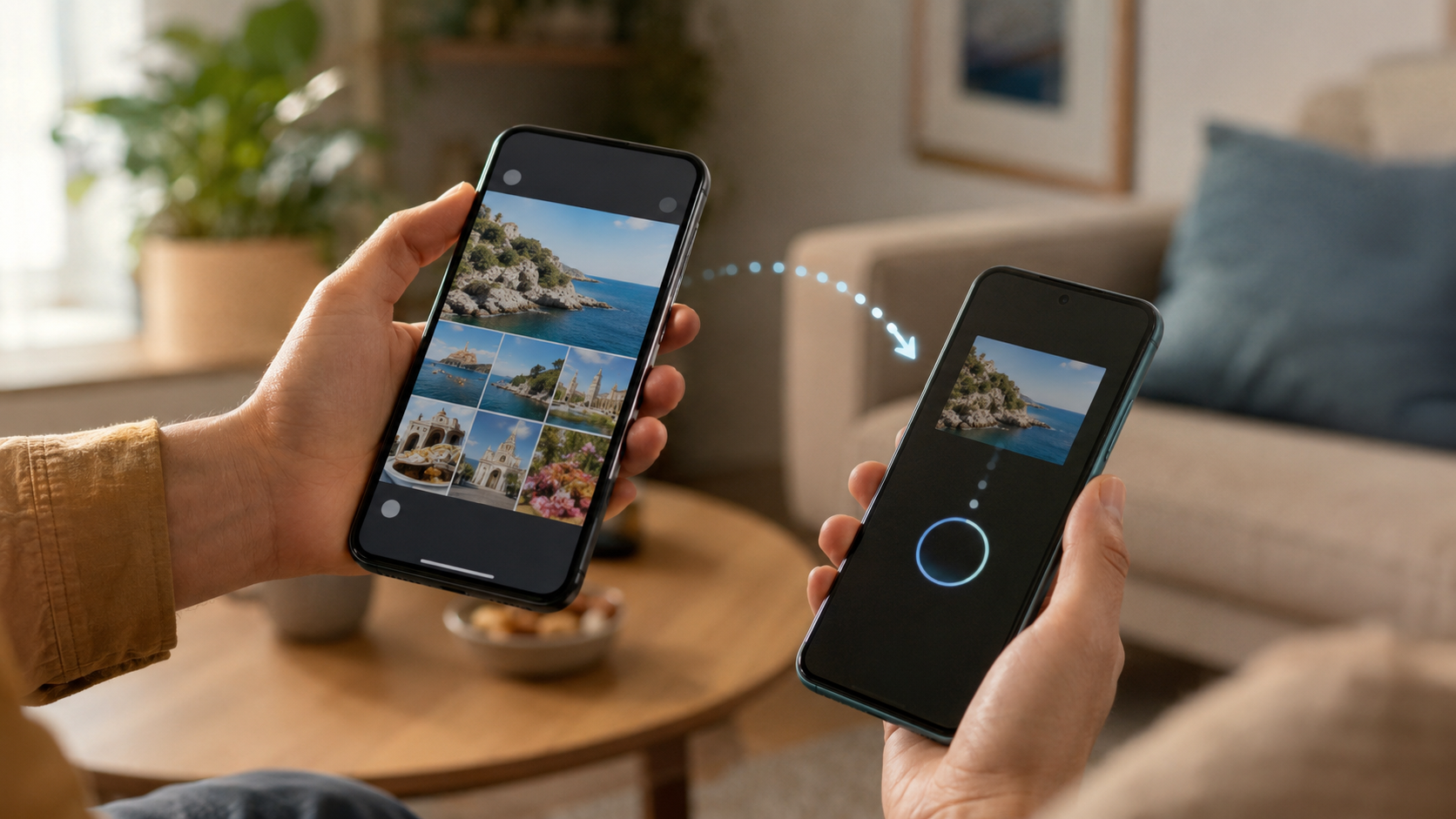 Deux mains tenant deux smartphones différents qui échangent une photo de vacances