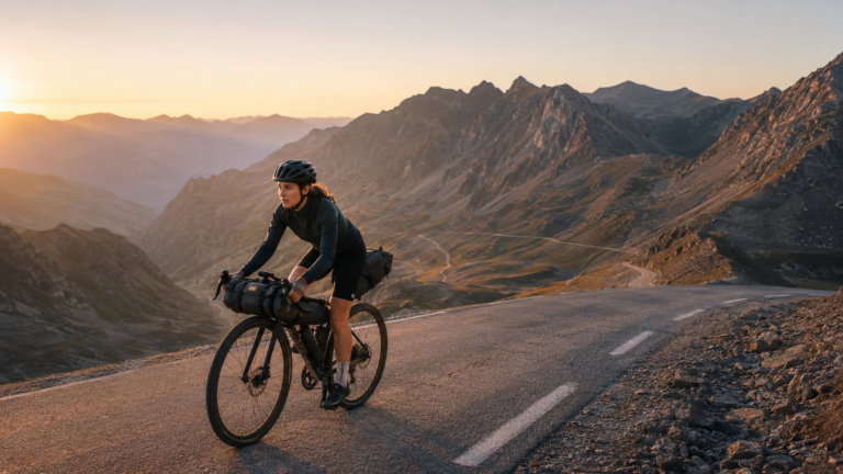 Une cycliste seule sur une route de col a l'aube, sacoches de bikepacking, face a des sommets lointains
