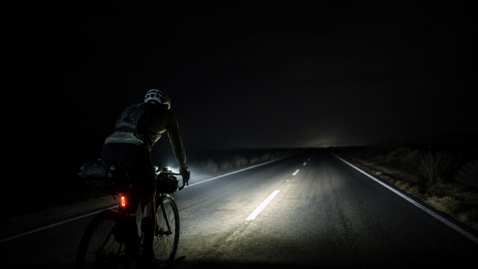 Cycliste de nuit sur une route vide, faisceau de lampe de casque eclairant le bitume