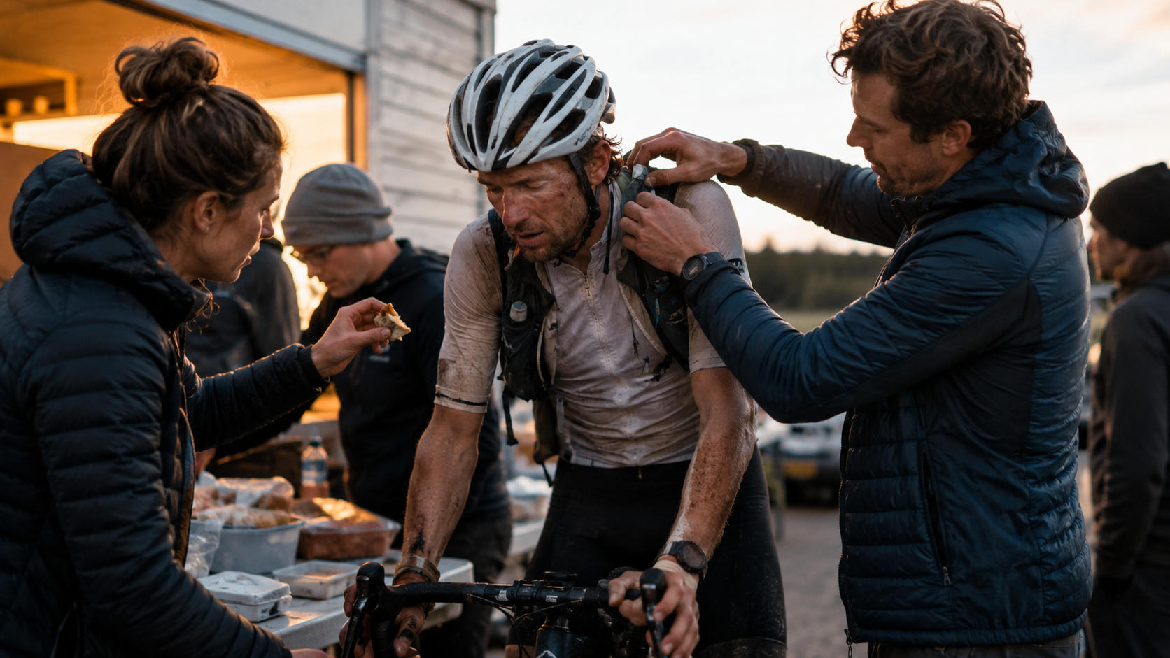 Des benevoles ravitaillent un cycliste fatigue a une base de vie sous une lumiere chaude