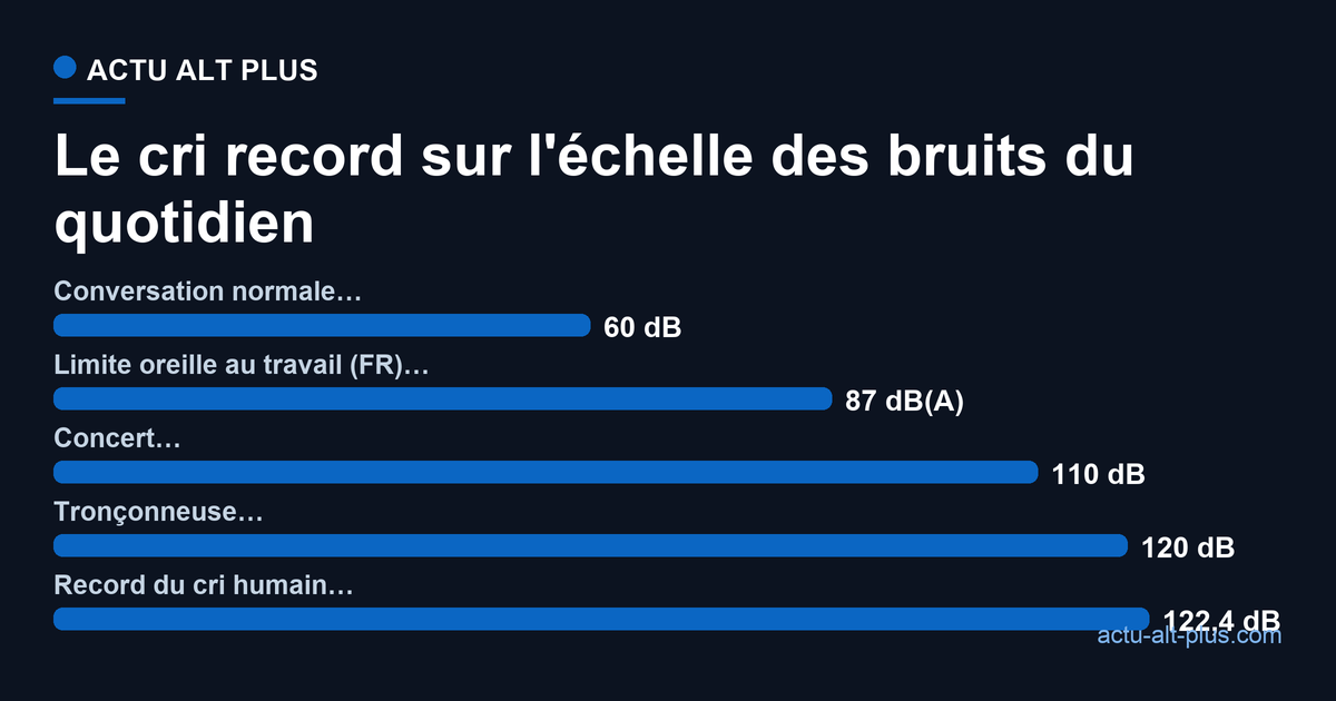 Échelle des décibels : conversation 60 dB, limite à l'oreille au travail en France 87 dB(A), concert 110 dB, tronçonneuse 120 dB, record du cri humain 122,4 dB