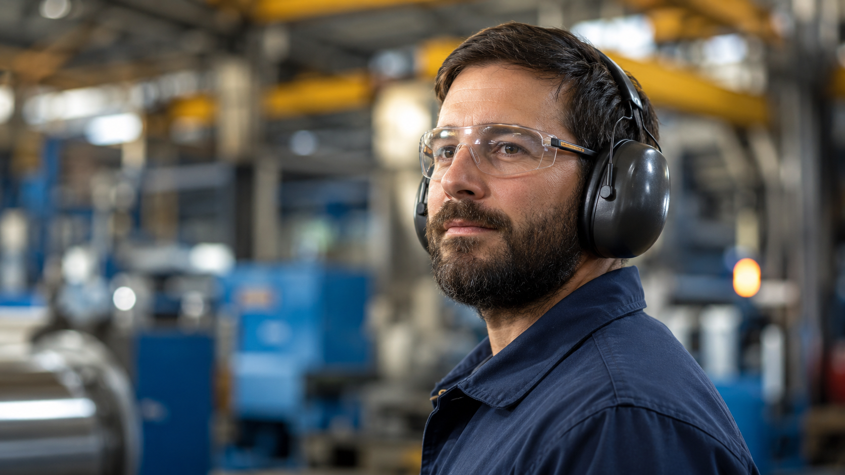 Un travailleur portant un casque antibruit sur un chantier flouté en arrière-plan
