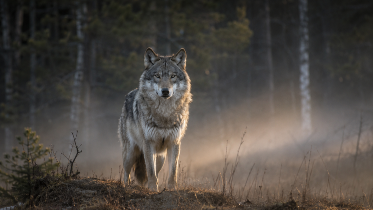 Un loup gris seul en lisière de forêt à l'aube, brume basse