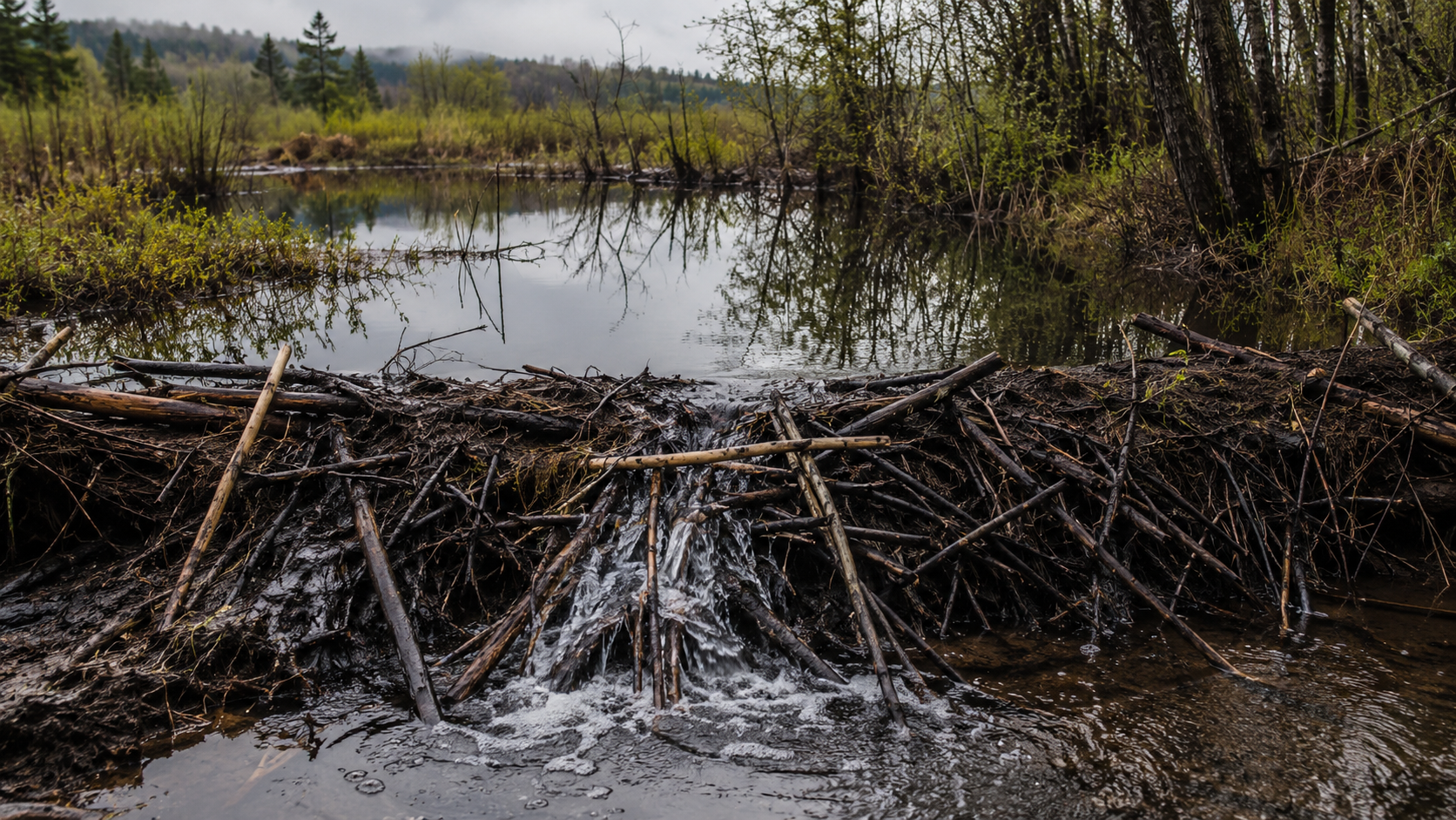 Un barrage de castor sur un ruisseau, branches rongées, eau retenue