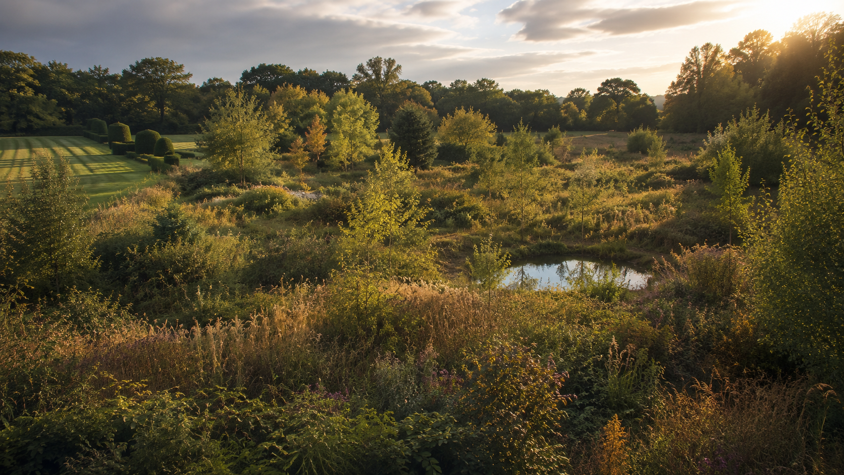 Ancienne prairie laissée en libre évolution, herbes hautes et jeunes arbres