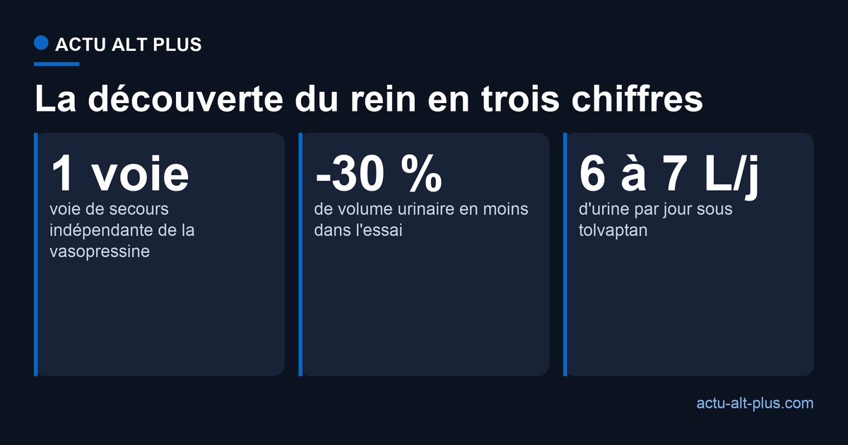 La découverte du rein en trois chiffres : une voie indépendante de la vasopressine, environ 30 % de volume urinaire en moins, contre 6 à 7 litres par jour sous tolvaptan
