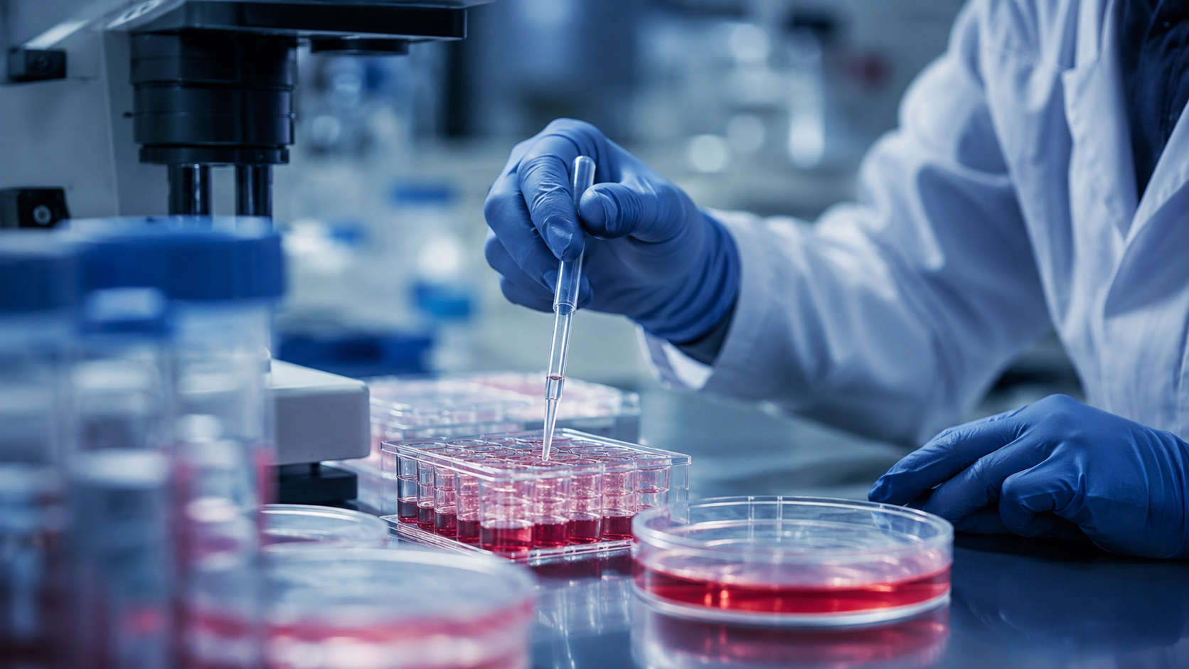 Une paillasse de laboratoire avec des boîtes de culture cellulaire et une main gantée près d'une pipette