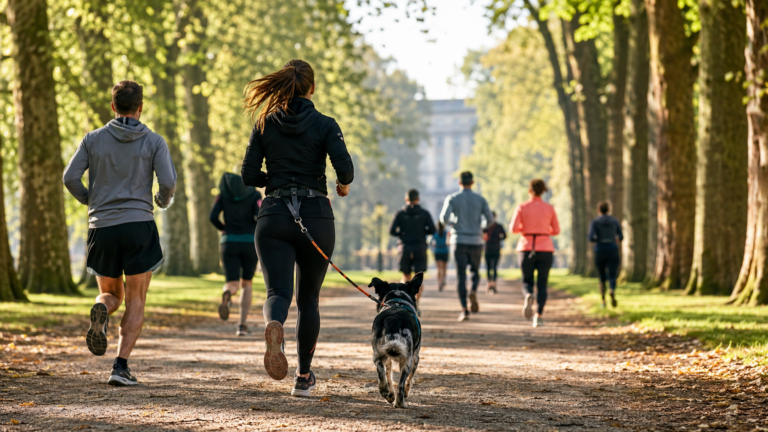 Coureurs anonymes et chien en canicross dans une allée boisée