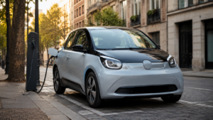 Petite voiture électrique branchée à une borne de recharge dans une rue européenne