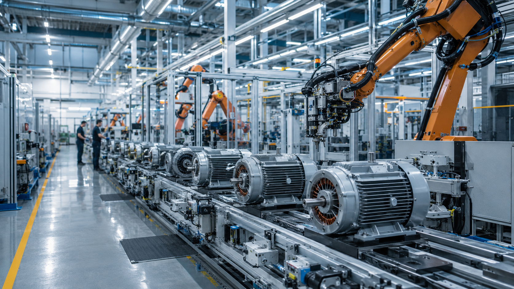 Chaîne d'assemblage moderne de moteurs électriques dans une usine automobile