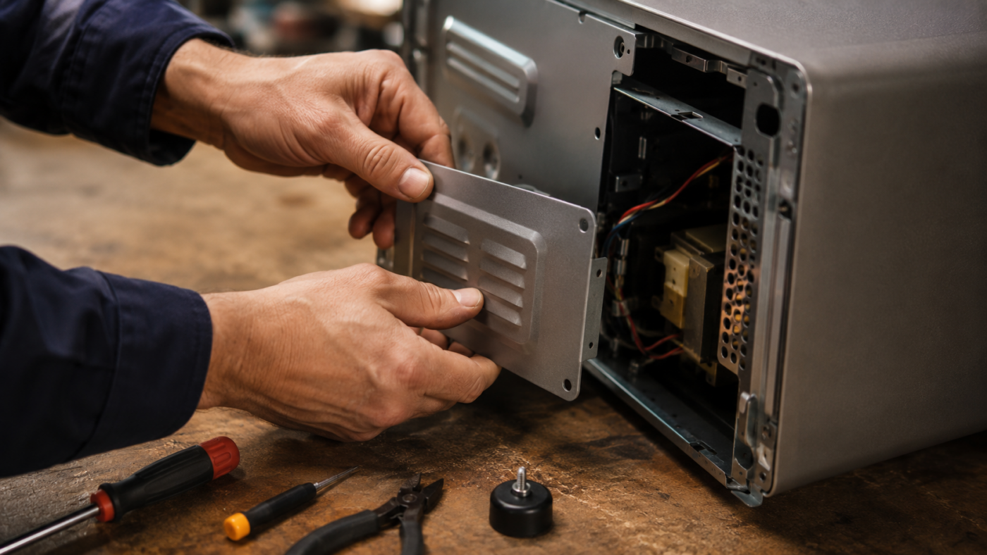 Les mains d'un réparateur ouvrant l'arrière d'un appareil électroménager sur un établi
