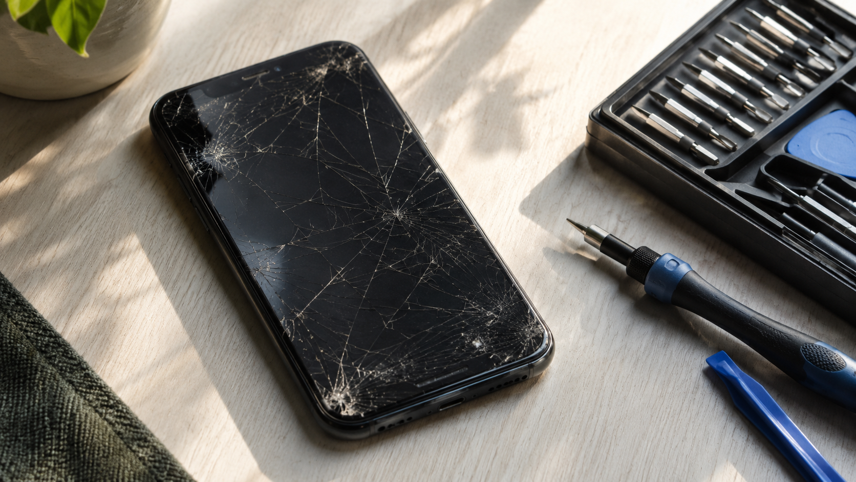 Un smartphone à l'écran fissuré posé à côté d'un petit kit de tournevis