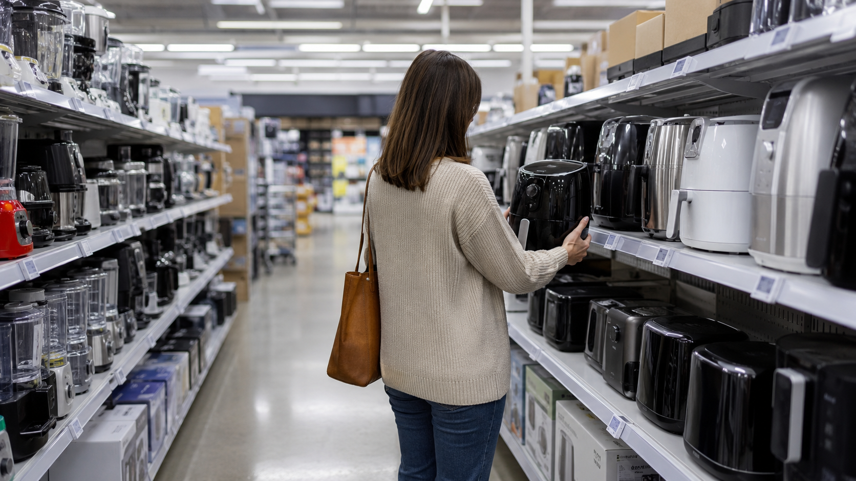 Une allée de magasin avec des appareils électroménagers alignés et des étiquettes en rayon