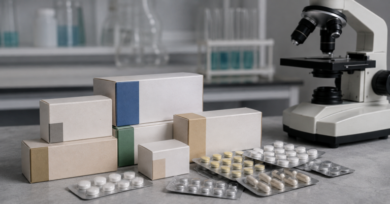 de vieilles boîtes et plaquettes de médicaments génériques posées sur une table de laboratoire sobre, près d'un microscope