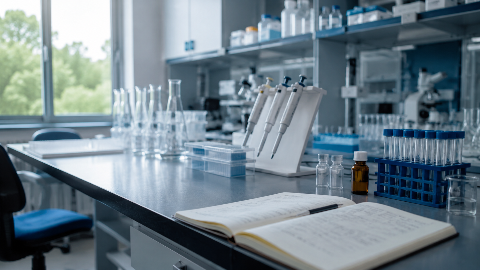 paillasse de laboratoire avec pipettes, éprouvettes et cahier de notes, lumière de fenêtre
