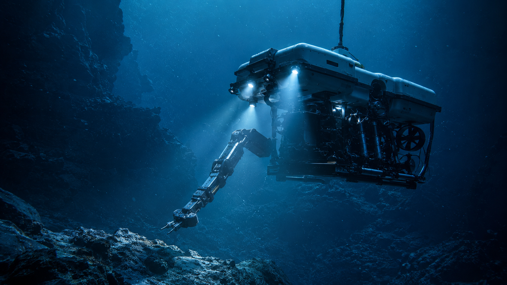 Un sous-marin télécommandé éclairé descend dans l'eau sombre des grands fonds, particules en suspension dans ses faisceaux