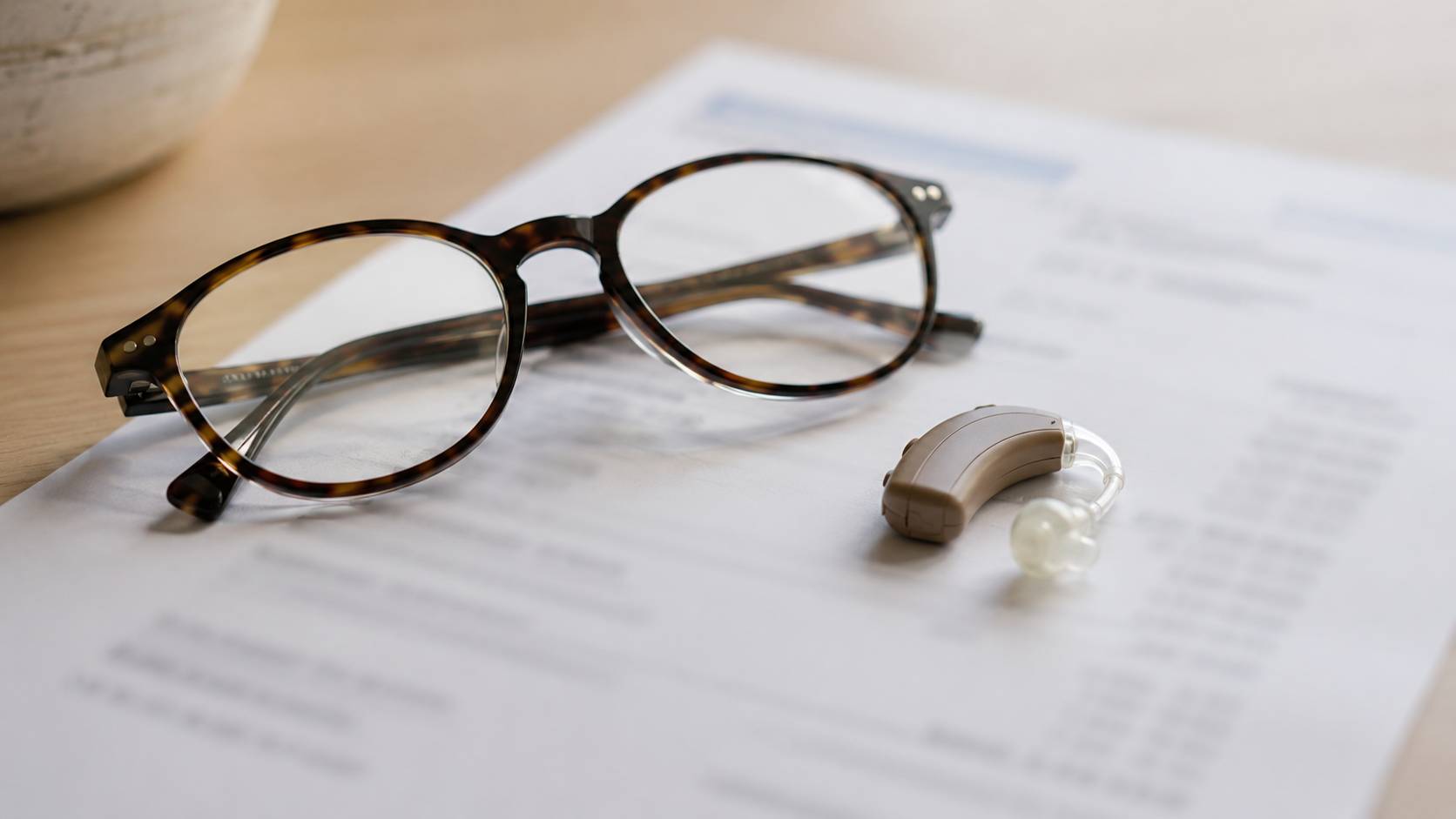 Lunettes et appareil auditif posés sur un document de facturation flouté