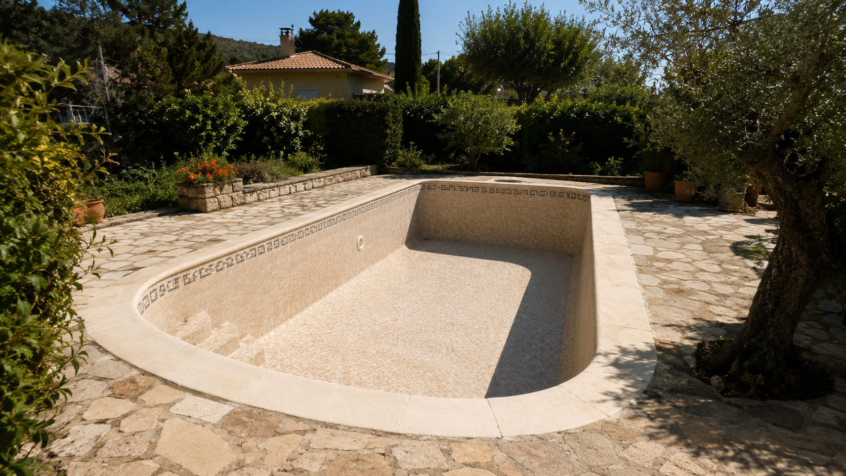 Une piscine de jardin vide au fond carrelé sec sous le soleil d'été