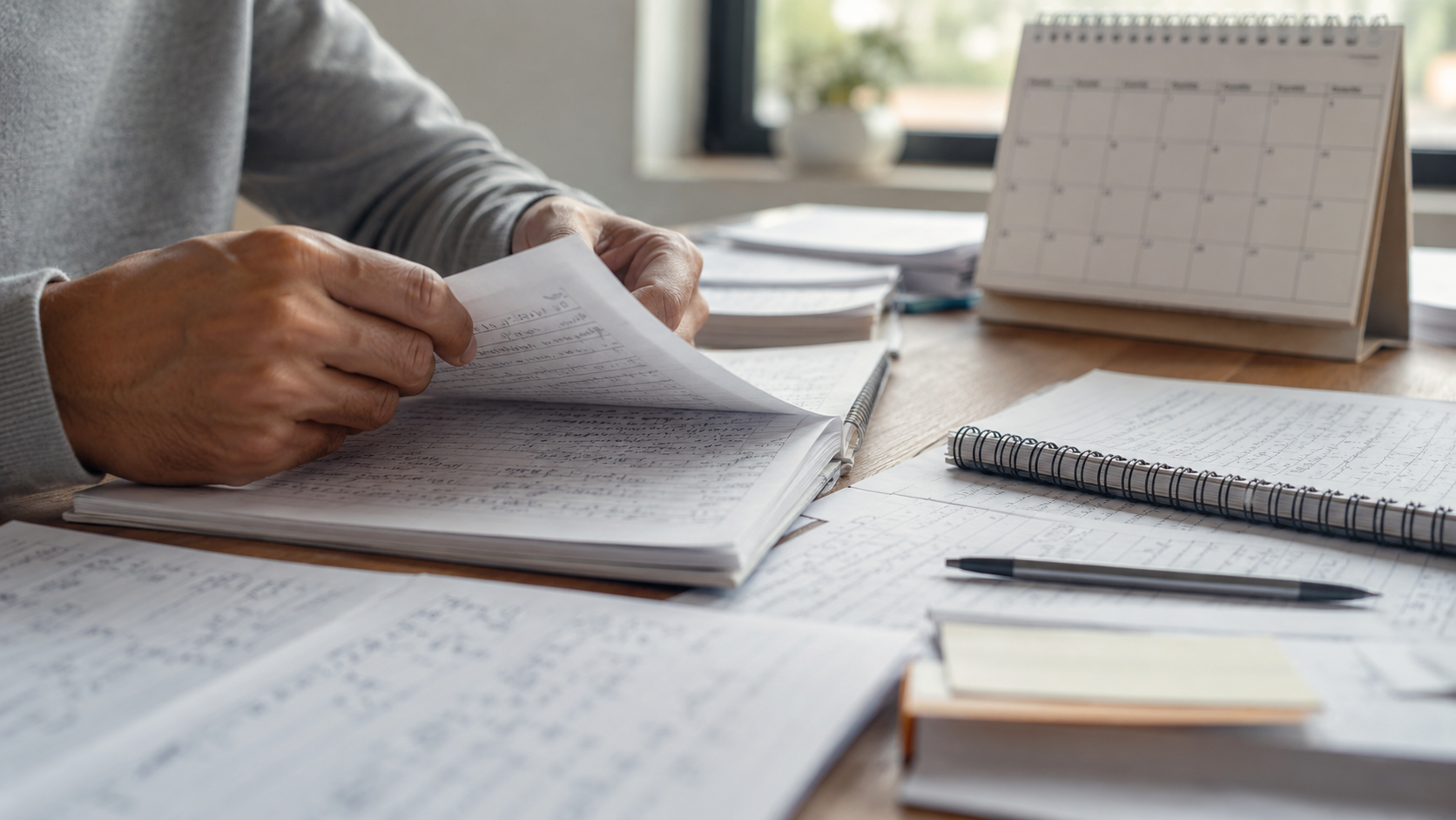 Élève révisant des fiches manuscrites à un bureau avec un calendrier