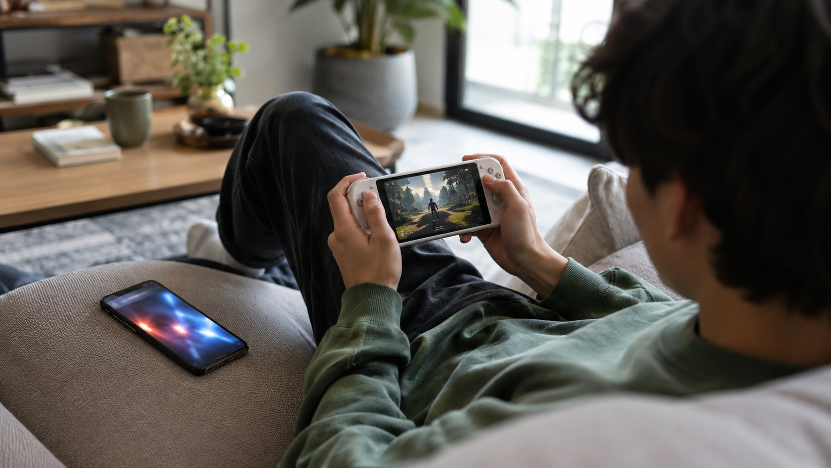 Jeune adulte jouant sur une petite console retro, un smartphone pose a cote