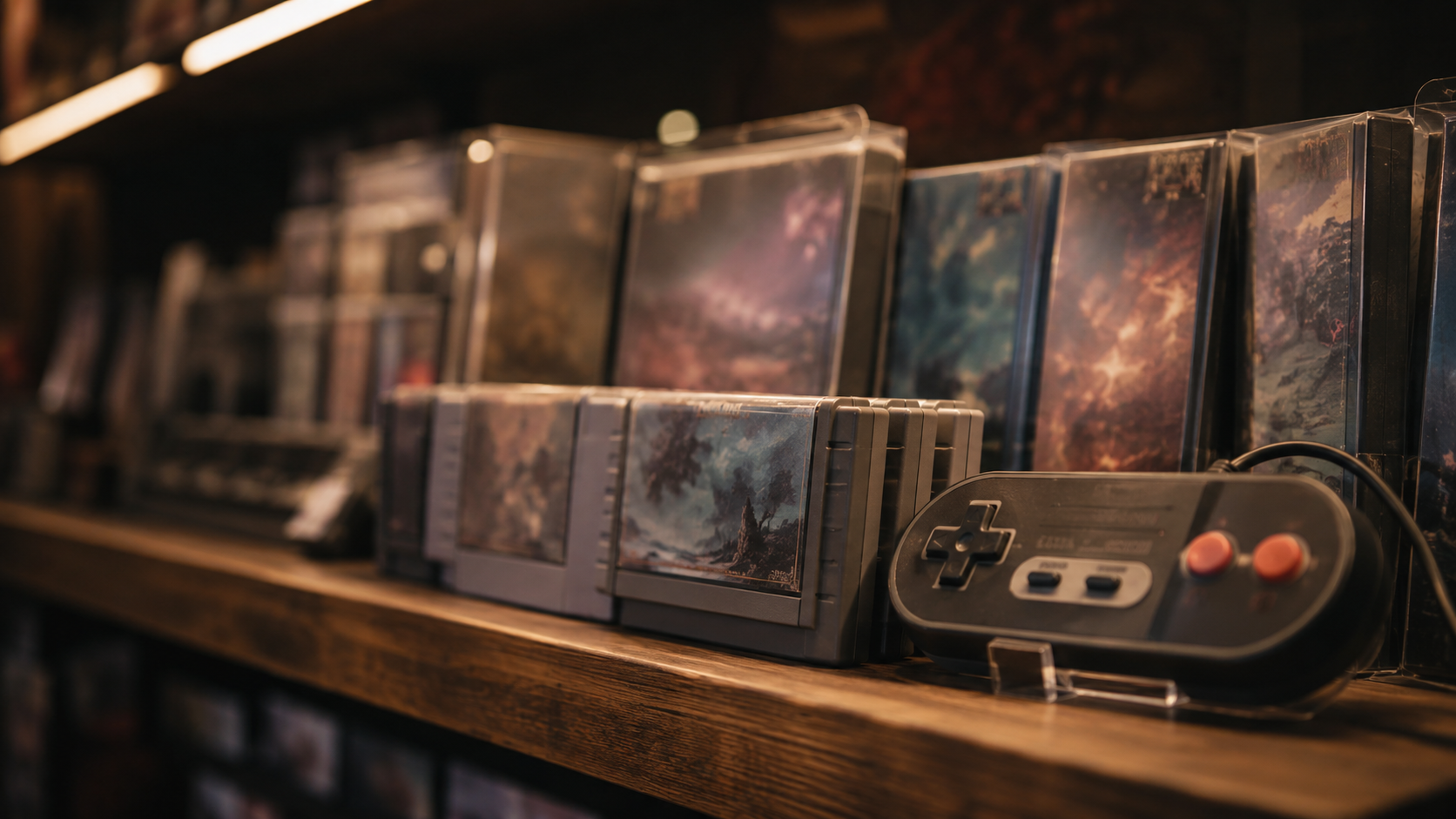Etagere de vieilles cartouches de jeux video et manette d'epoque exposees comme des objets de collection