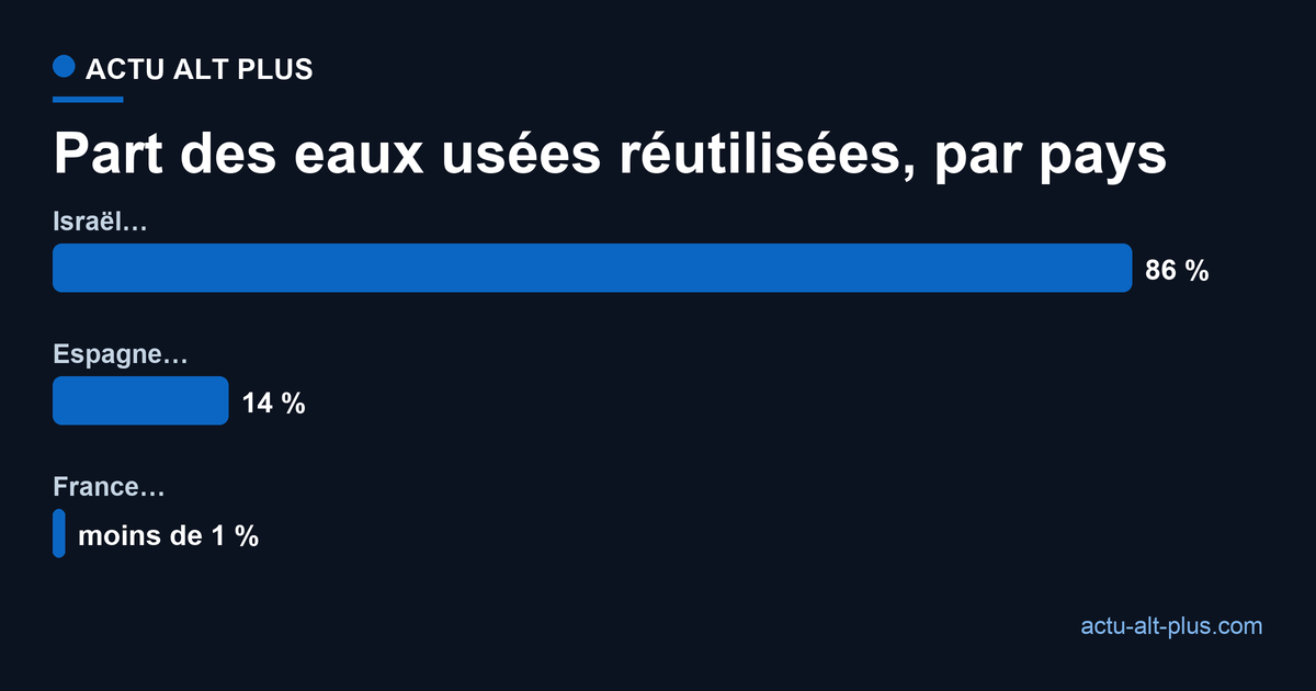 Graphique en barres comparant la part d'eaux usées réutilisées en France, en Espagne et en Israël