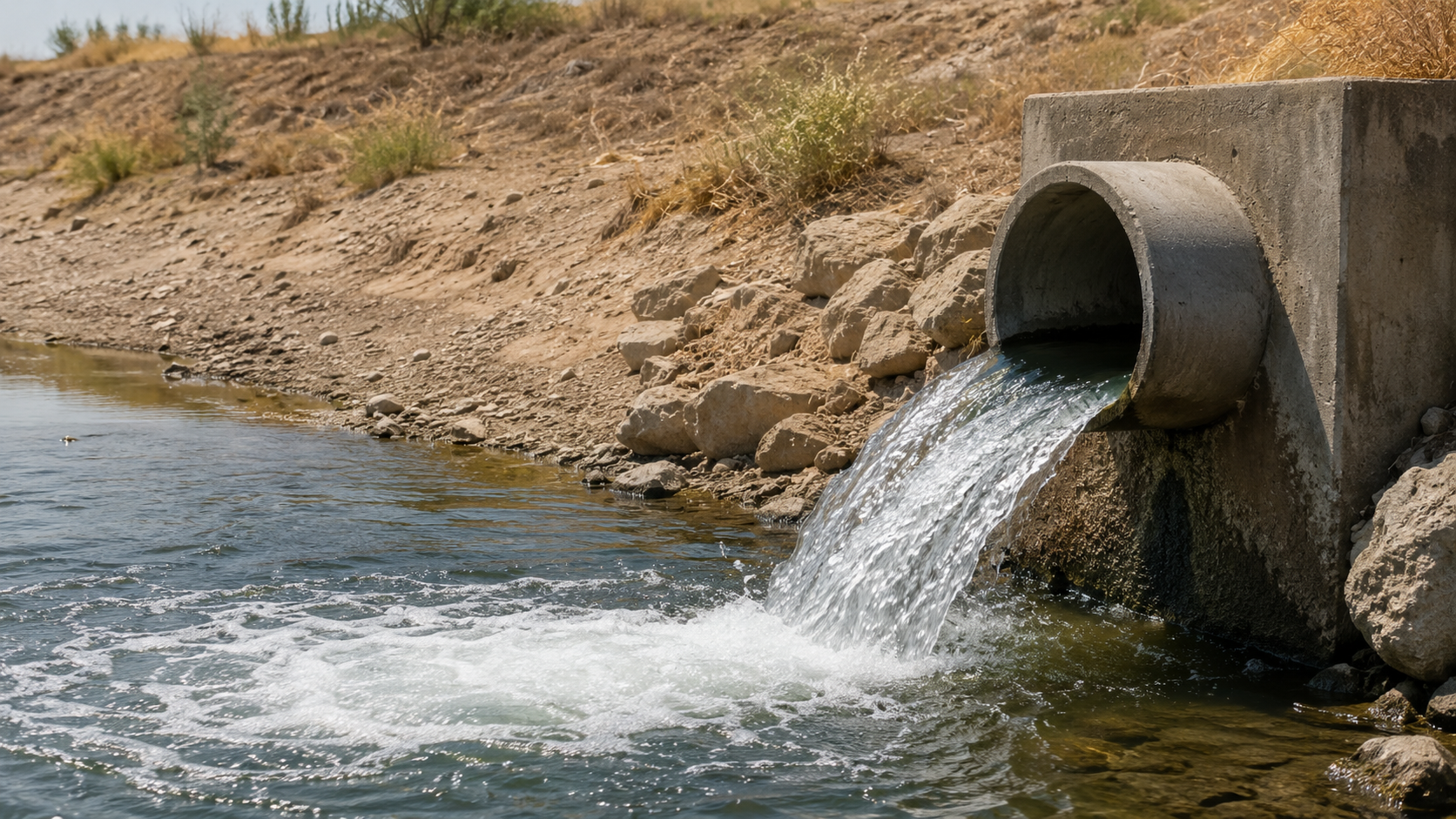 Canalisation rejetant de l'eau traitee dans une riviere au niveau bas