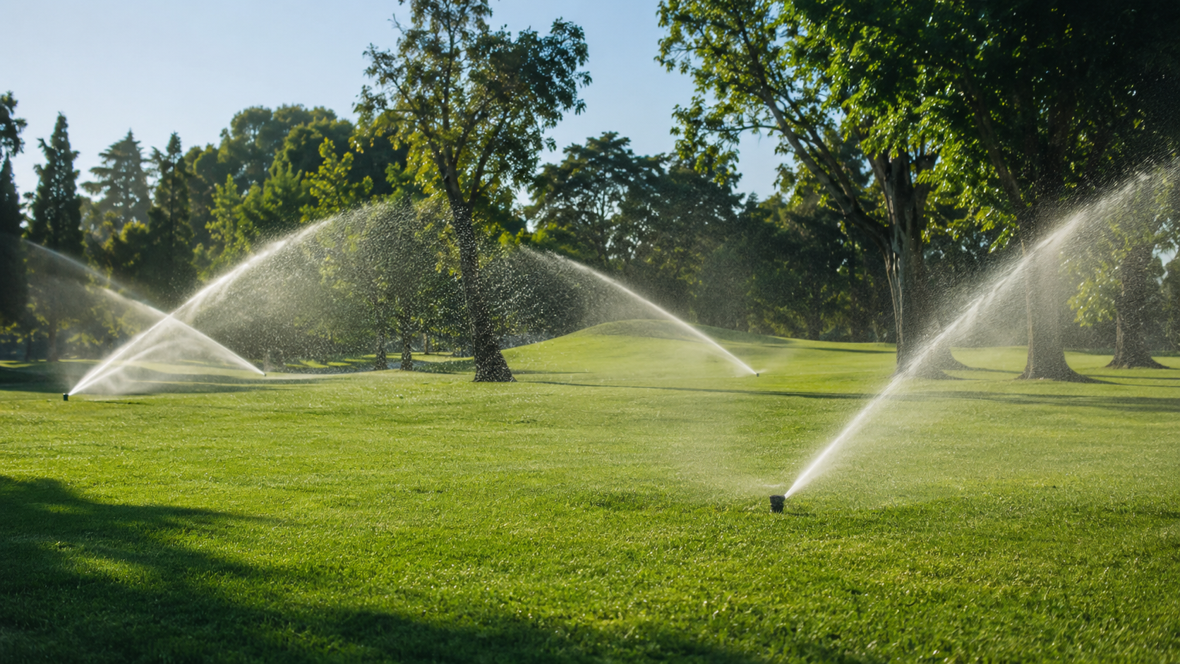 Asperseurs arrosant un golf alimente par de l'eau recyclee