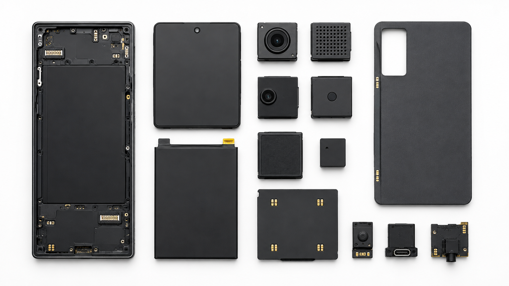 Smartphone démonté à plat sur fond blanc, batterie, modules caméra, port USB-C et écran séparés