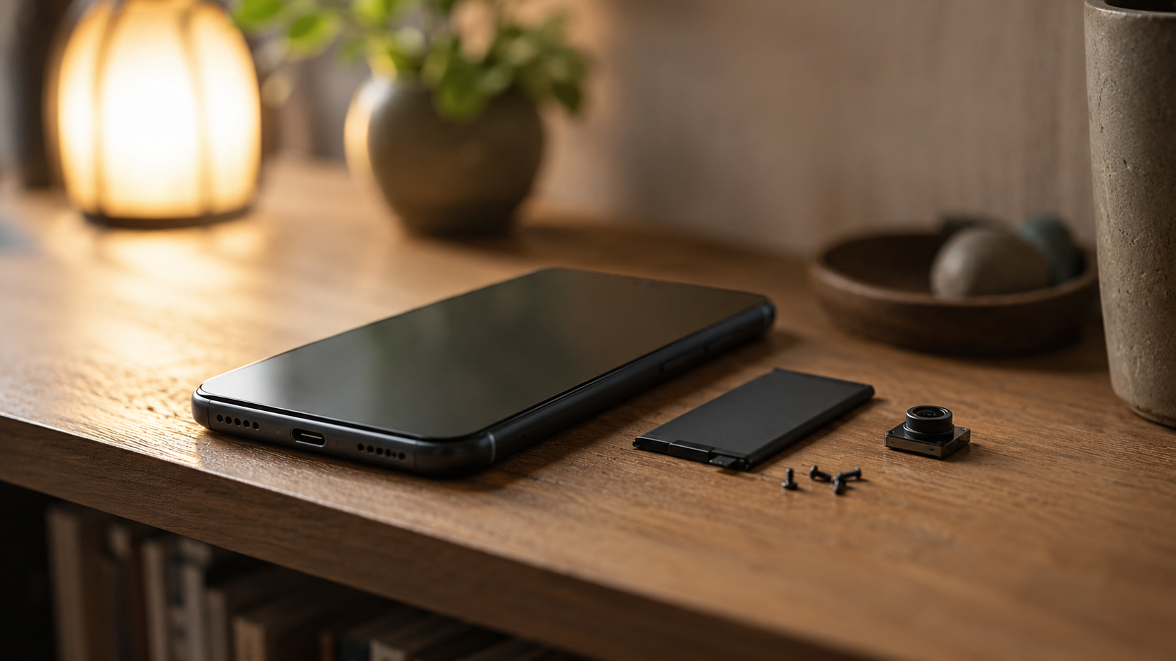 Smartphone posé debout sur une étagère à côté de petites pièces de rechange dans un intérieur chaleureux