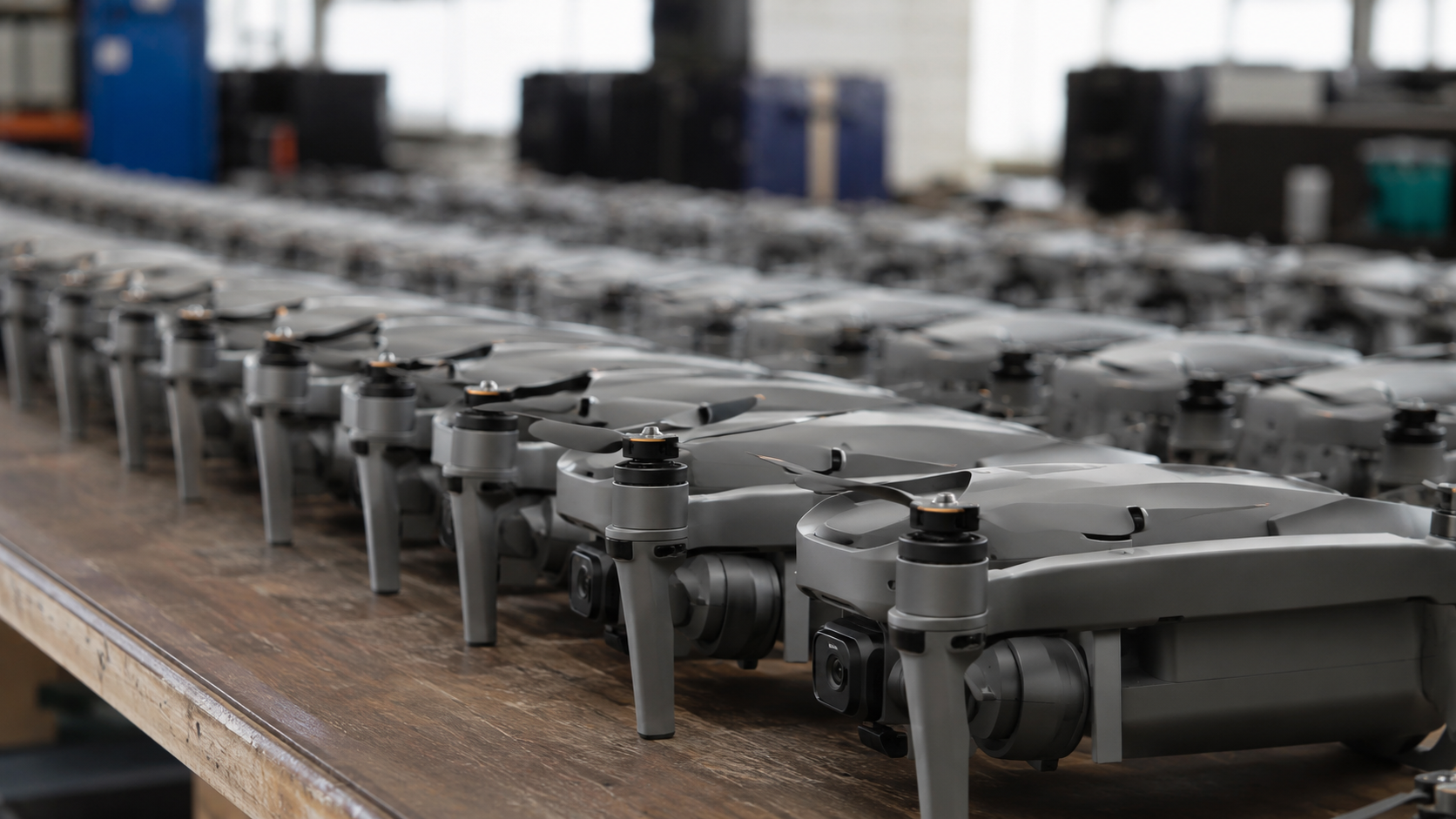 Des rangées de petits drones identiques alignés sur une table d'atelier