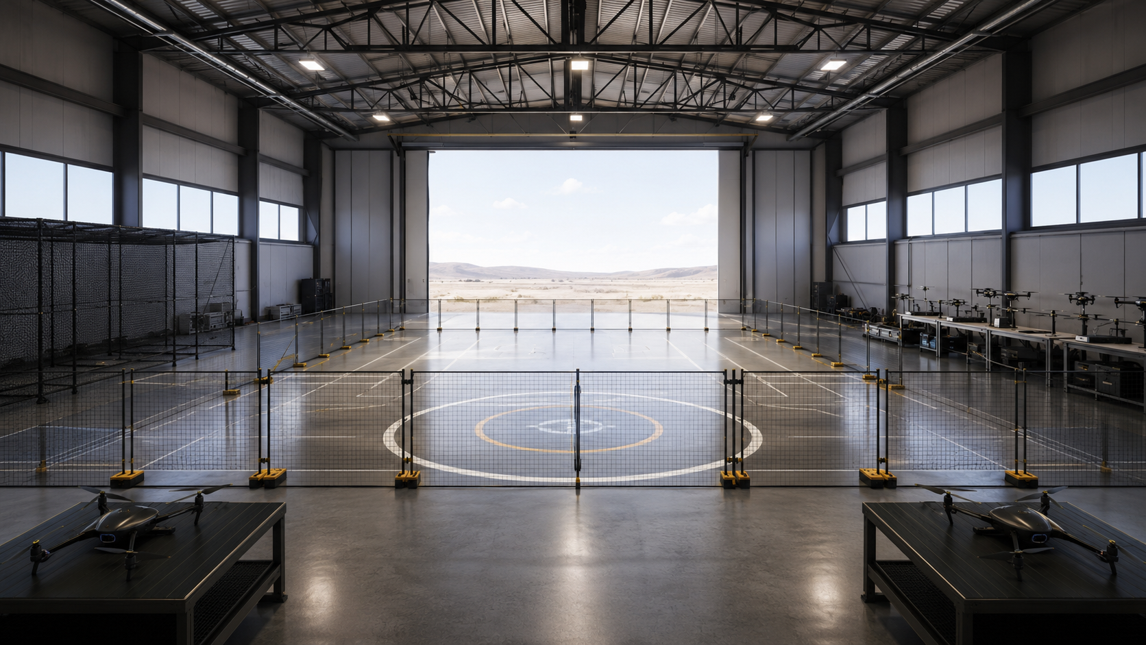 L'intérieur d'un centre d'essais de drones moderne, porte de hangar ouverte sur la lumière
