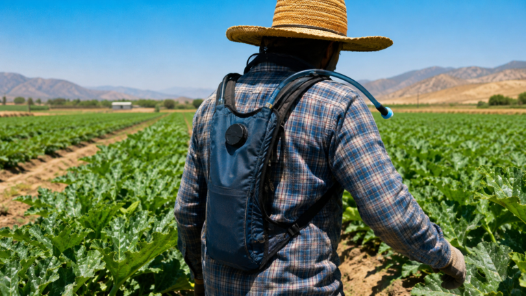 Ouvrier agricole portant un sac a dos d'hydratation dans un champ sous forte chaleur estivale