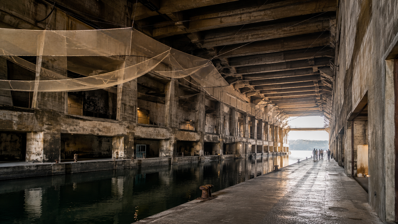 Grande perspective de la base sous-marine avec filets suspendus