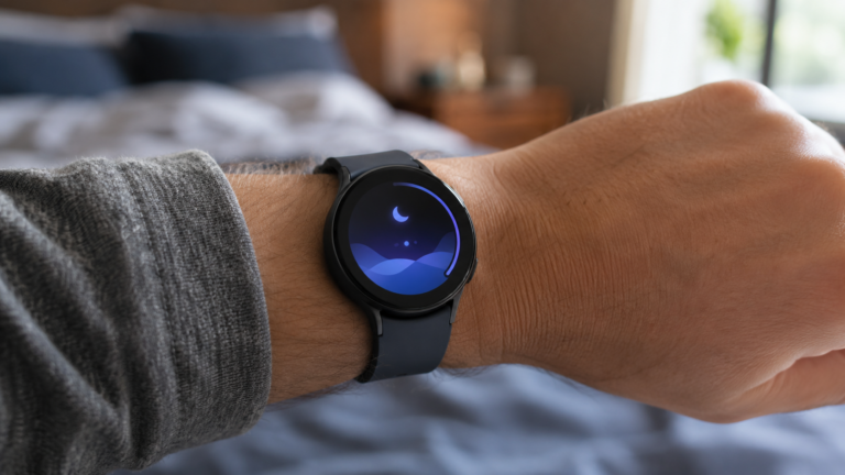 Montre connectee au poignet affichant un ecran de synthese sante au reveil, lumiere matinale