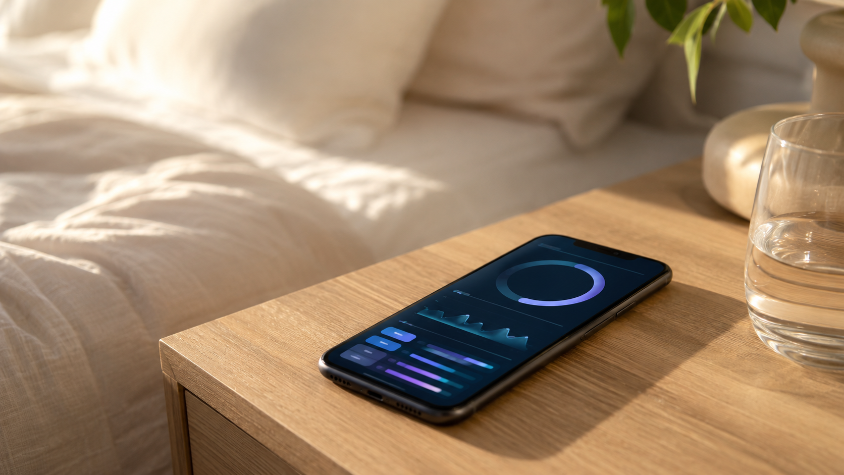 Main tenant un smartphone avec une interface d’application sante affichant un resume de nuit simplifie