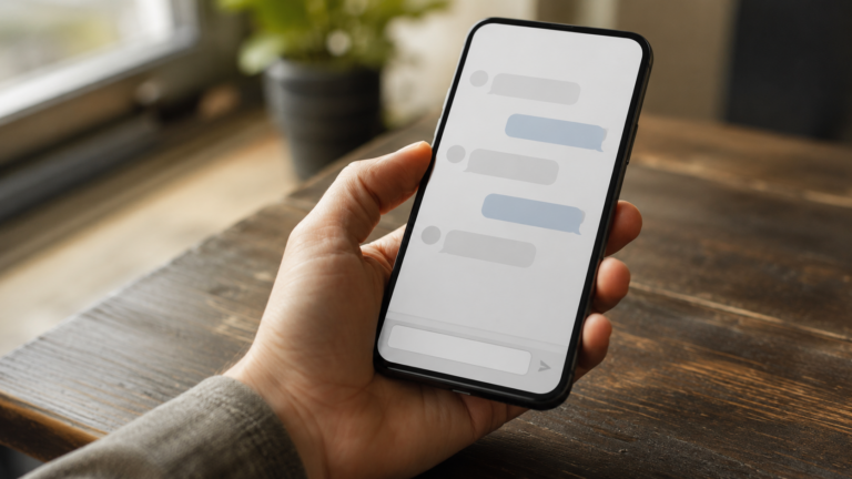 Un smartphone générique tenu en main affichant une conversation de messagerie aux bulles neutres
