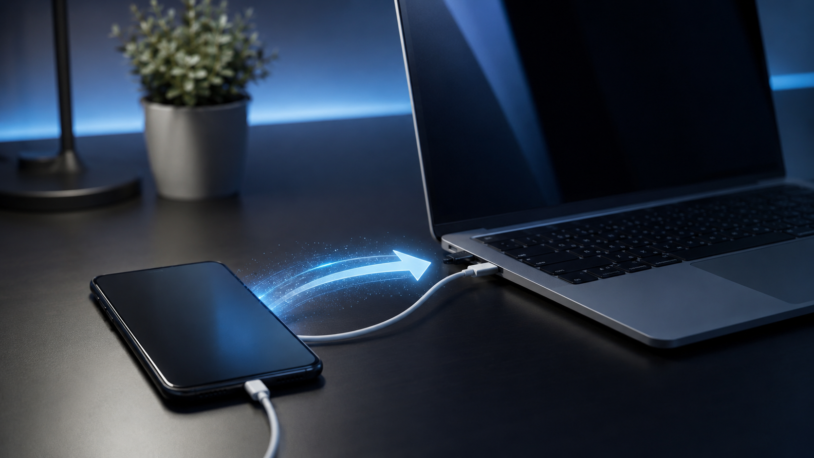 Un smartphone relié à un ordinateur par une flèche de synchronisation, évoquant une sauvegarde