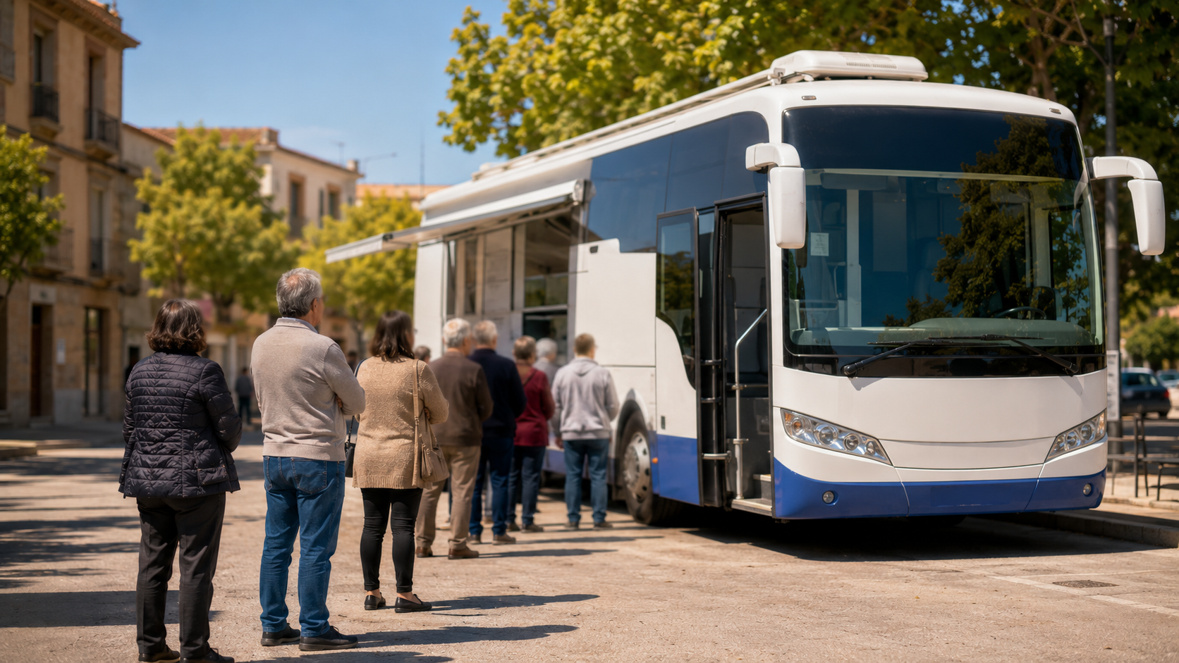 Bus de depistage cardiovasculaire feminin gare sur une place de ville avec des femmes en attente