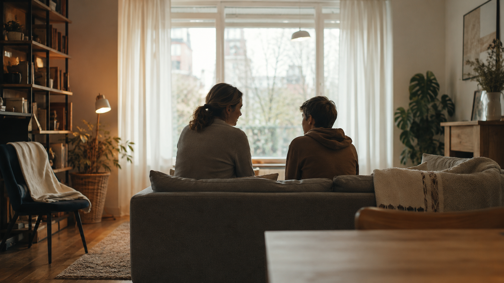 Un parent et un adolescent discutent calmement, assis côte à côte