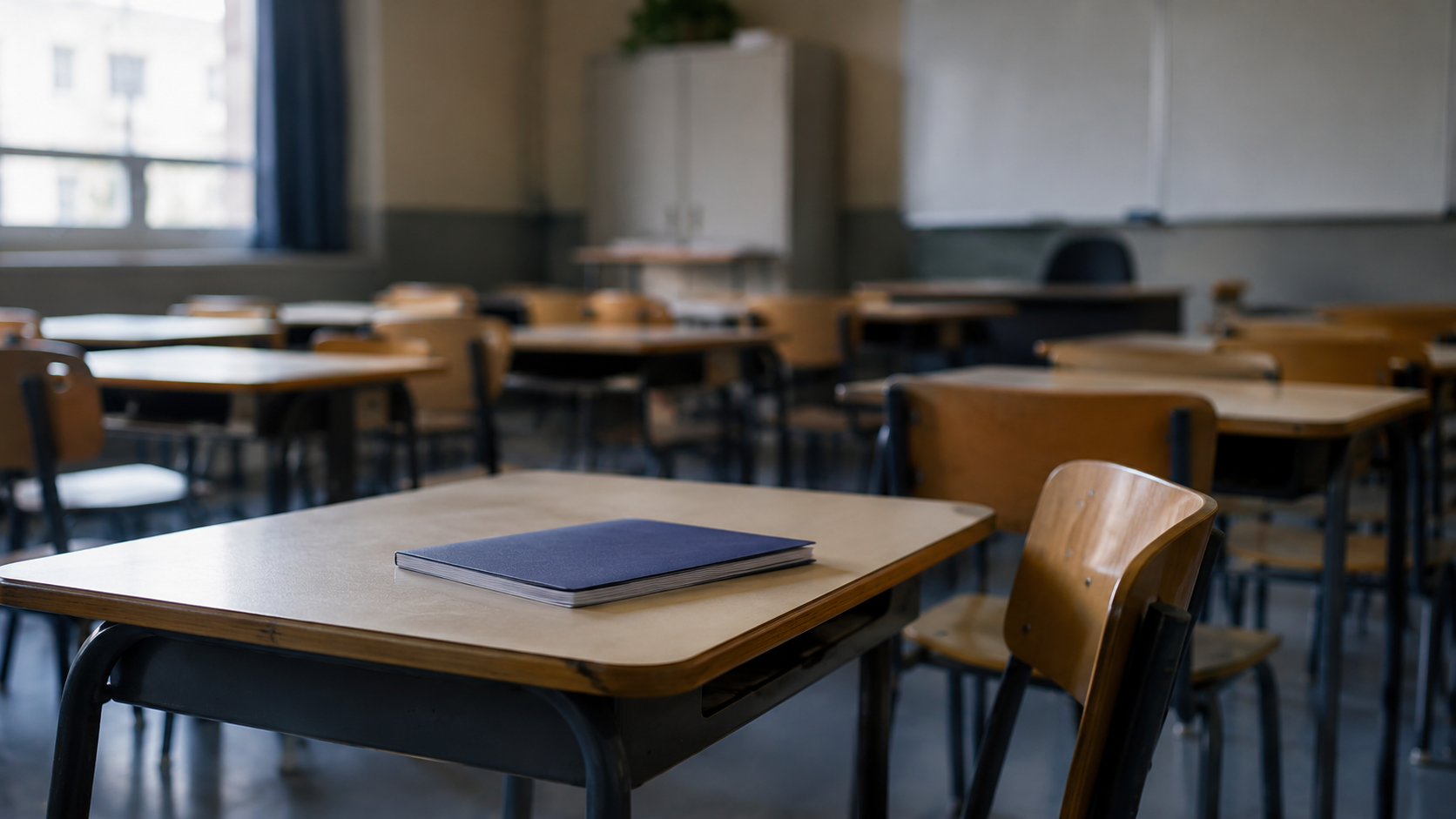 Bureau de classe vide avec cahier fermé et chaise tirée, sans texte lisible