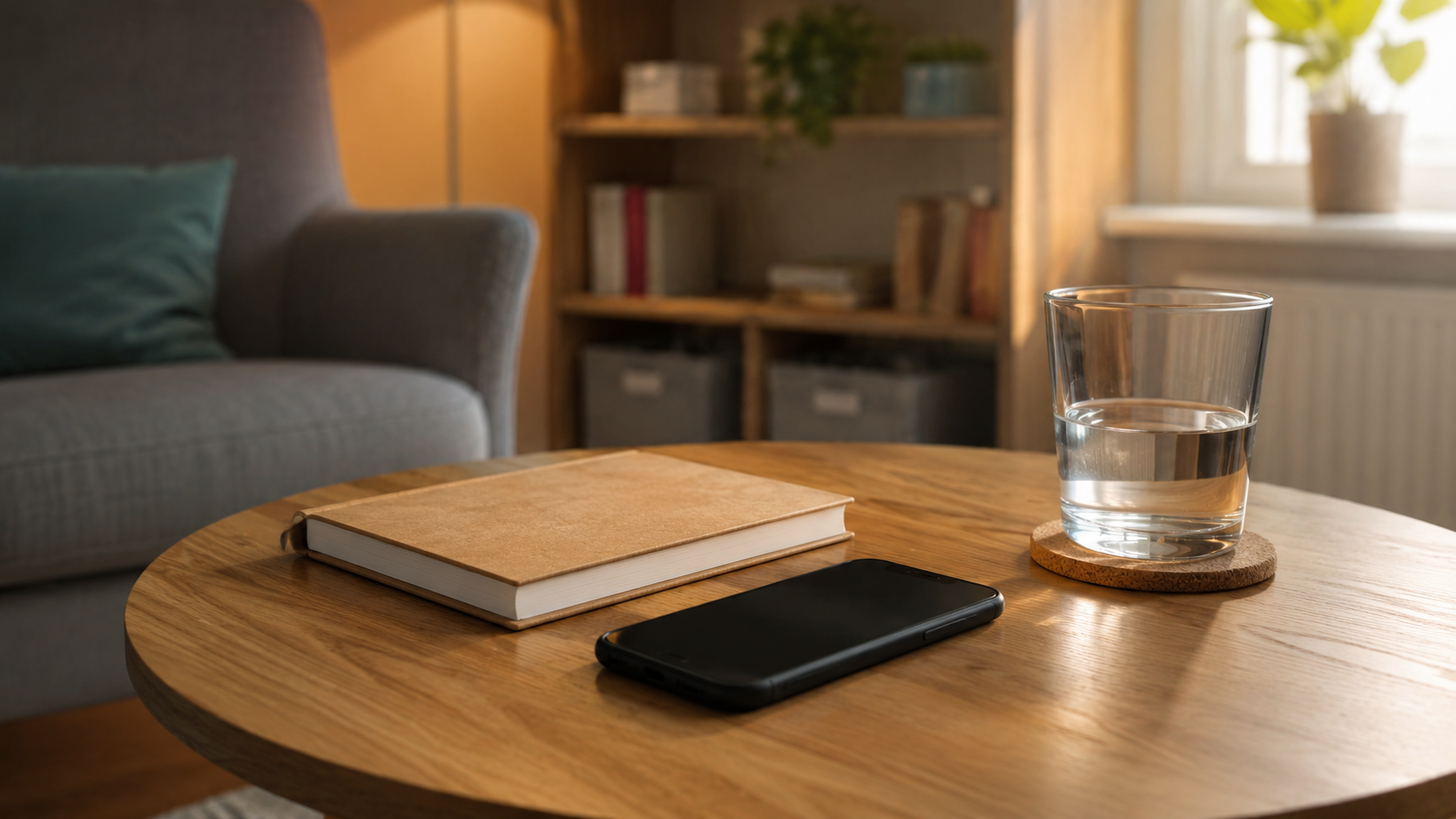 Téléphone retourné sur une table claire près d’un carnet vierge, aucune interface lisible