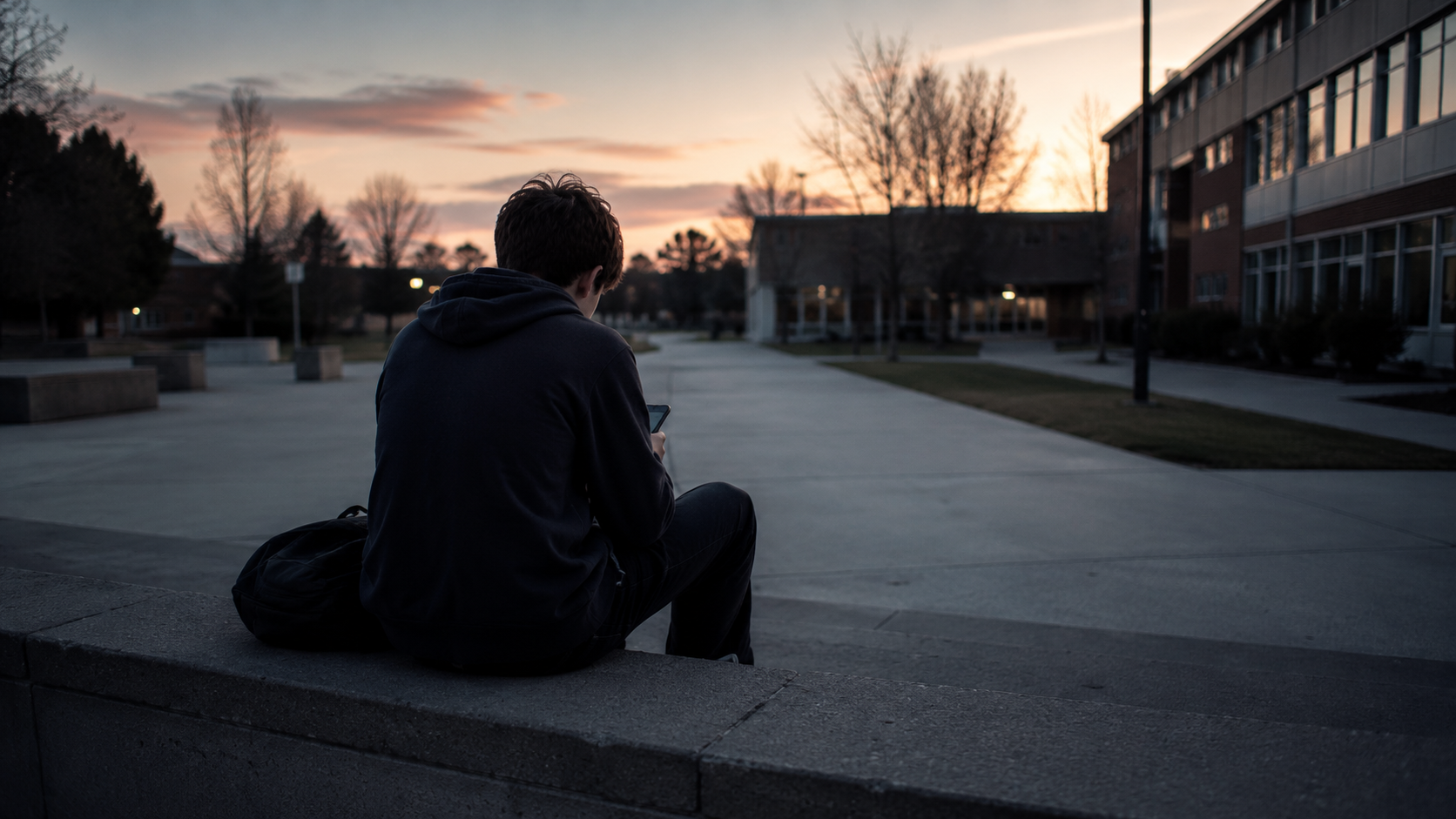 Adolescent vu de dos assis seul sur des marches d'école au crépuscule, un téléphone à la main