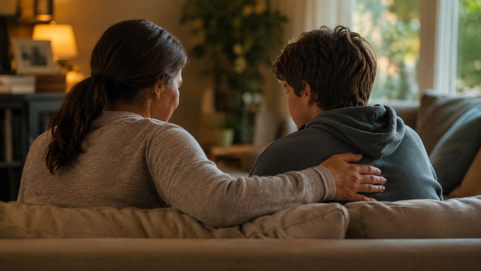 Un parent et un adolescent discutent calmement côte à côte sur un canapé, lumière chaude