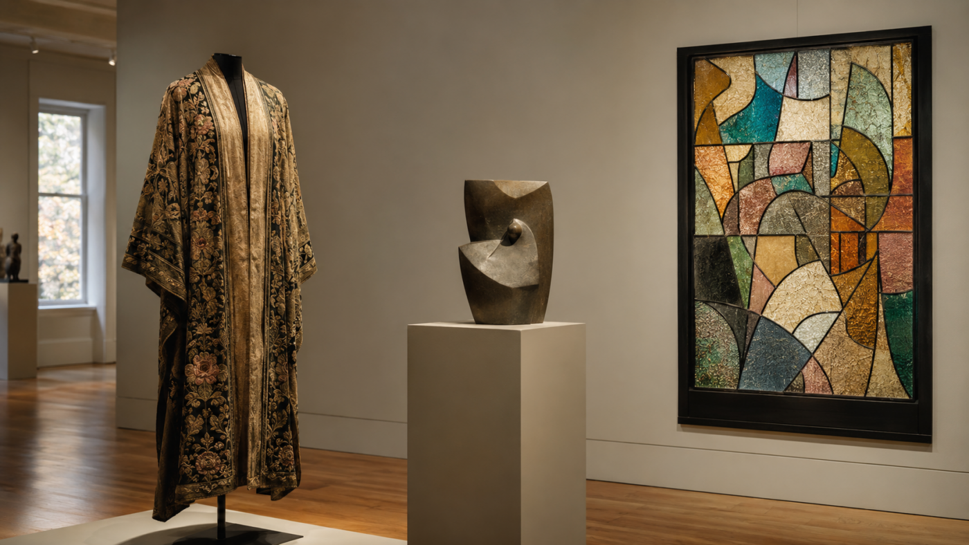 Salle de musée présentant un manteau brodé, une sculpture et une mosaïque de verre côte à côte
