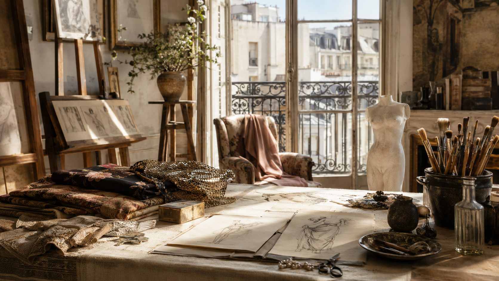 Table d'atelier d'artiste mêlant tissus, croquis, outils de sculpture et pinceaux