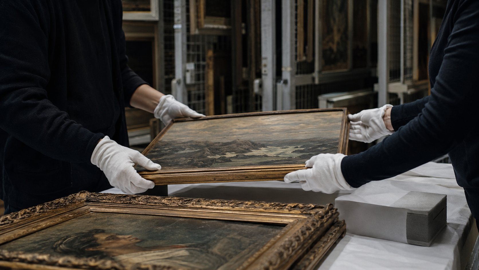 Des professionnels de musée préparent des œuvres avant une exposition, dans une réserve